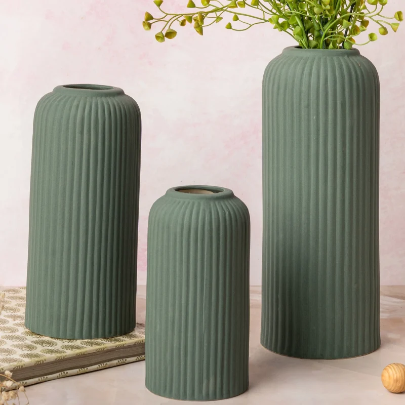 Forest Green Glossy Ceramic Vase Set – Set of 3