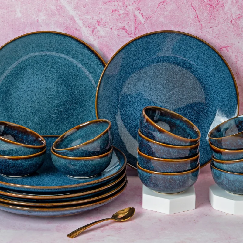 Handcrafted Stoneware Reactive Glaze Ceramic Dinner Set, 18