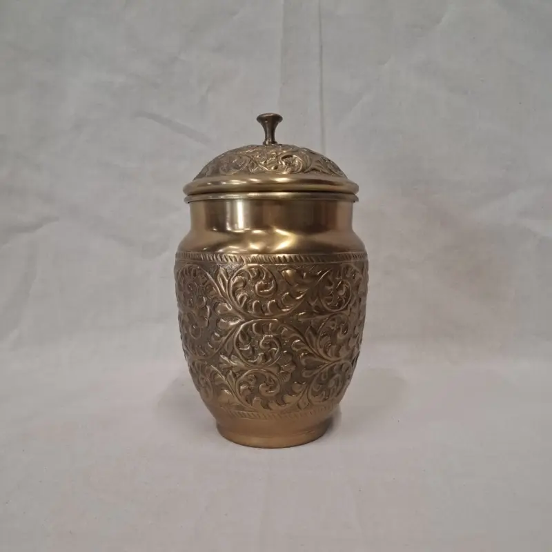 Indian Etched Brass Jar with Lid