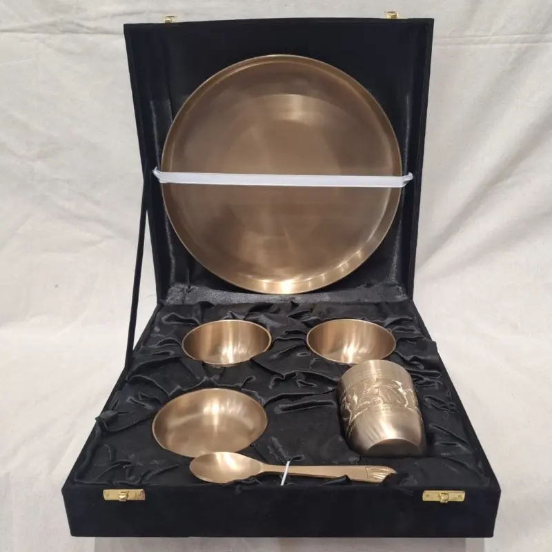 Bronze / Kansa Engraved Dinner Set Matte Finish with Velvet Box