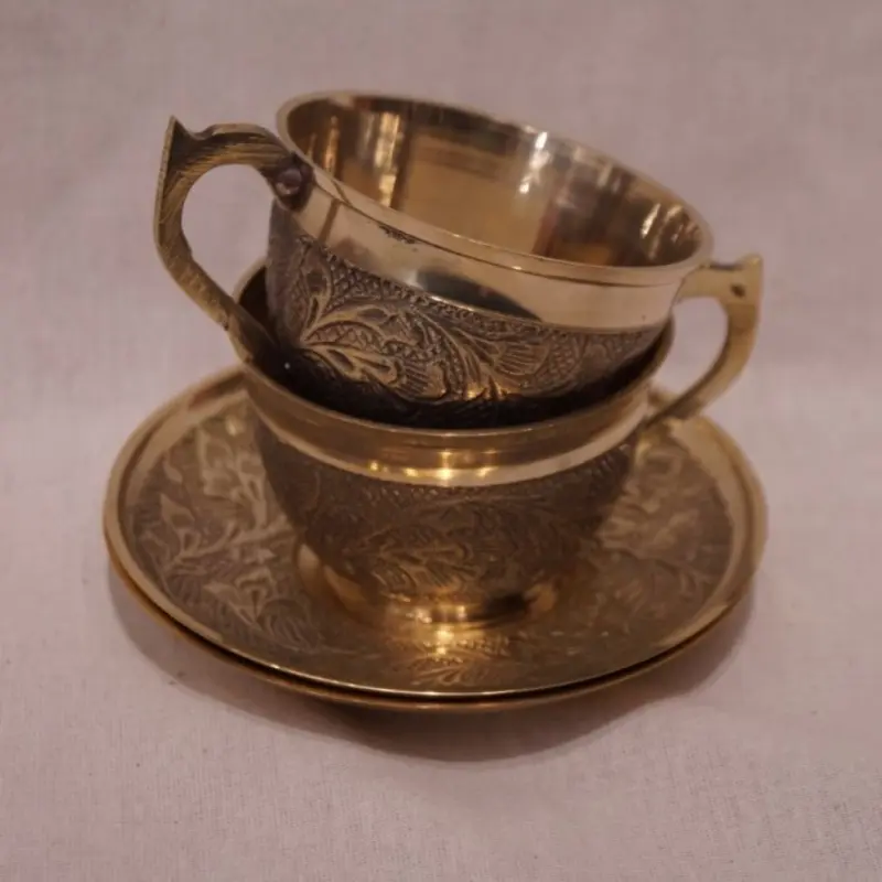 Brass Engraved Dabra Coffee Cup & Saucer Set