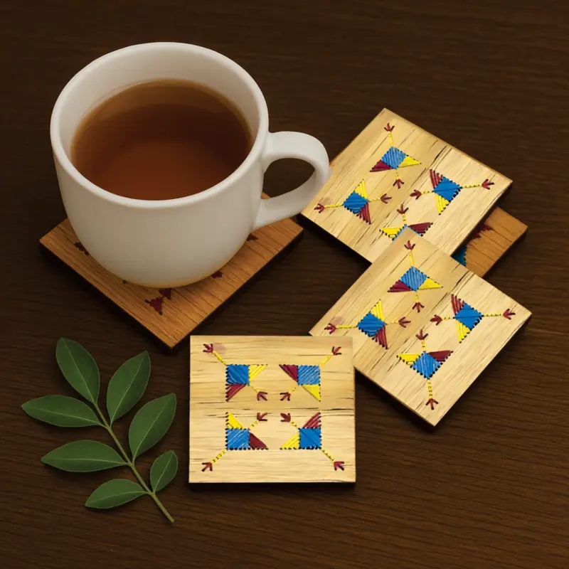 Wooden Square Shape Tea Coaster with Thread Work – Set of 4