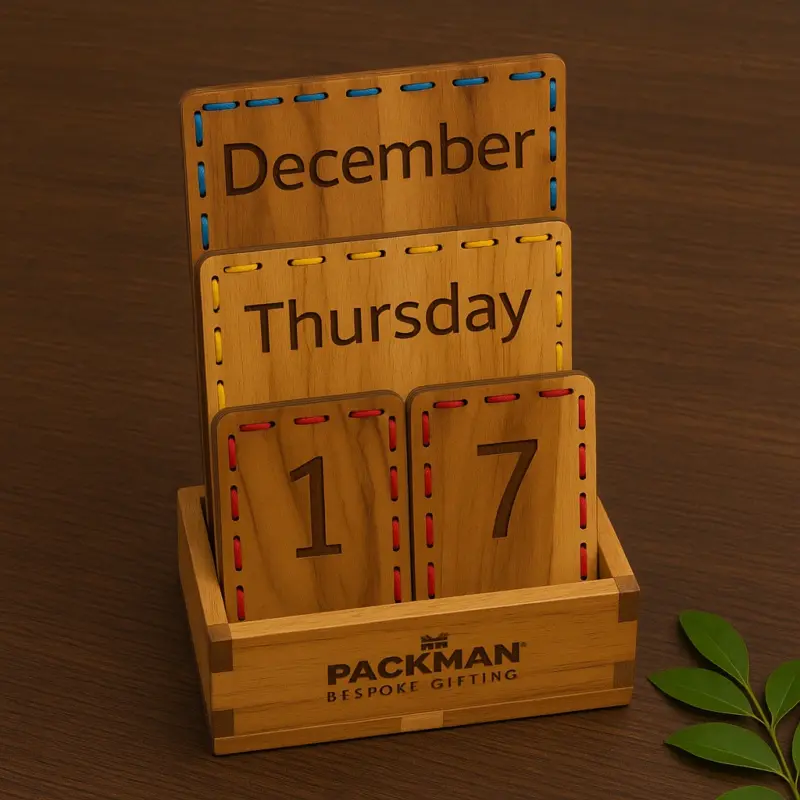 Wooden Infinite Calendar with Thread Work – Brown (Modern)