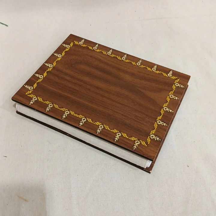 Handcrafted Wooden Notebook with Embroidered Motif Border