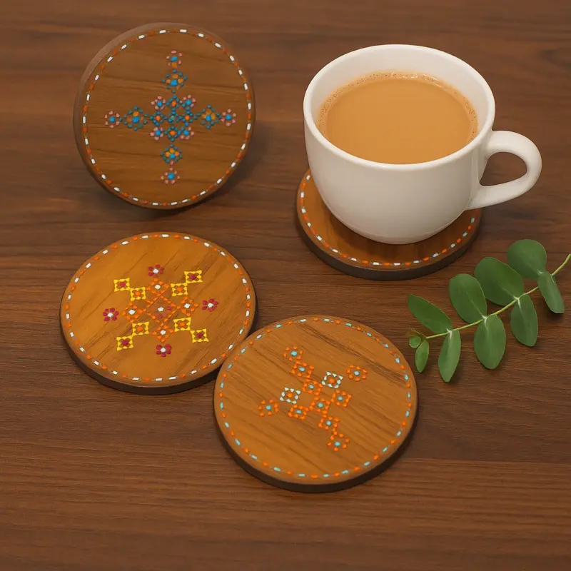 Thread-Embroidered Wooden Drink Coaster