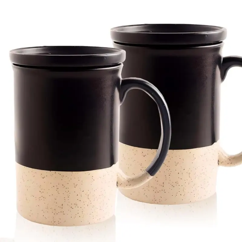Ceramic Hand Glazed Tea and Coffee Mug with Coaster - 200ml | Set of 2 | Microwave & Dishwasher Safe | for Home Office - Black