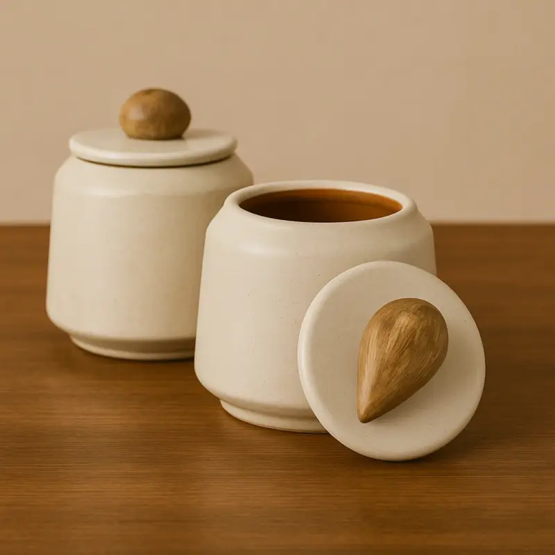 Minimalist White Ceramic Jar Set with Wooden Drop Knobs