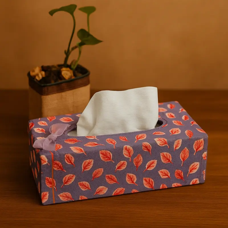 Handcrafted Fabric Tissue Box – Purple with Leaf Print