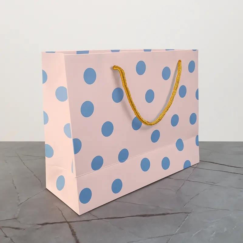 Handmade Pastel Pink Polka Dot Gift Carry Bag with Golden Handle