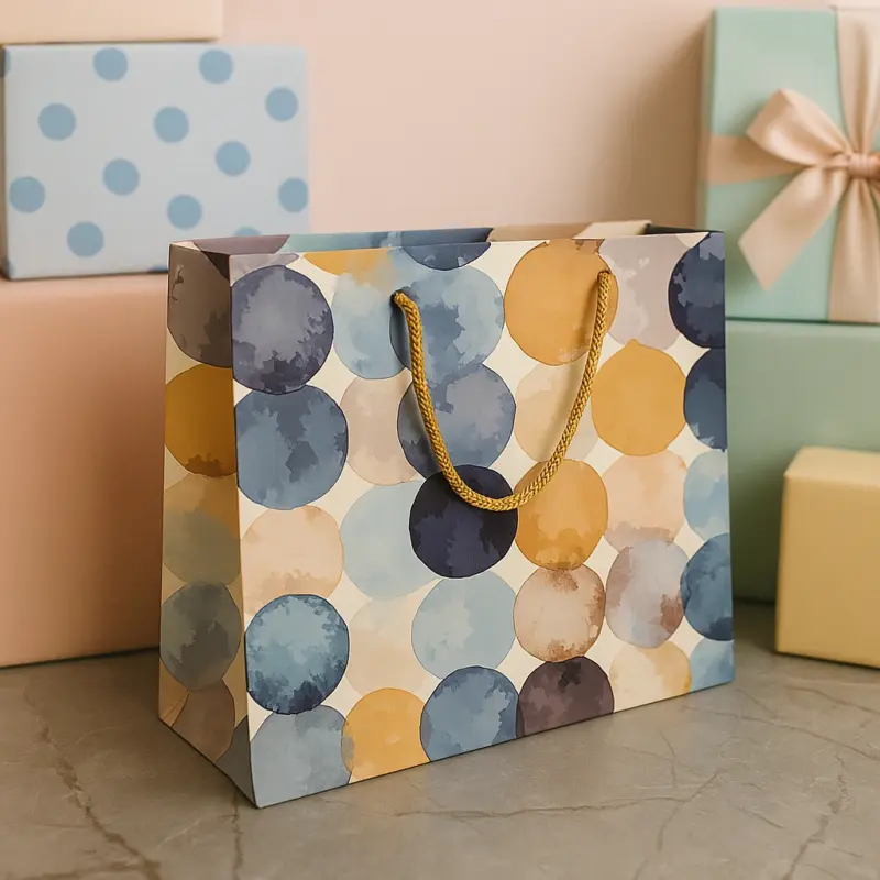 Multicolor Artistic Dot Gift Bag – Handmade with Gold Rope