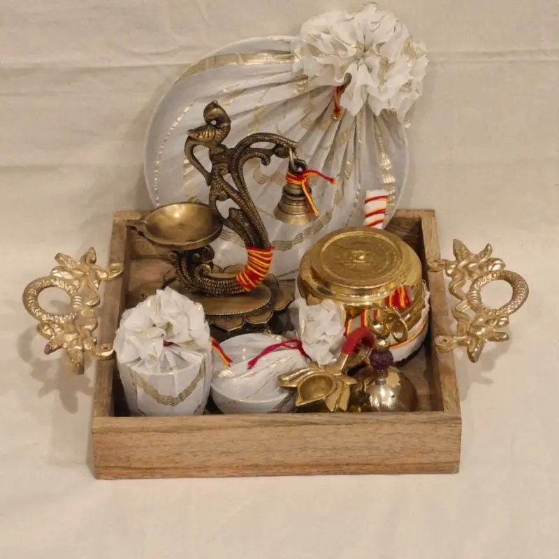 Traditional Brass Pooja Hamper – Festive Essentials in Wooden Tray