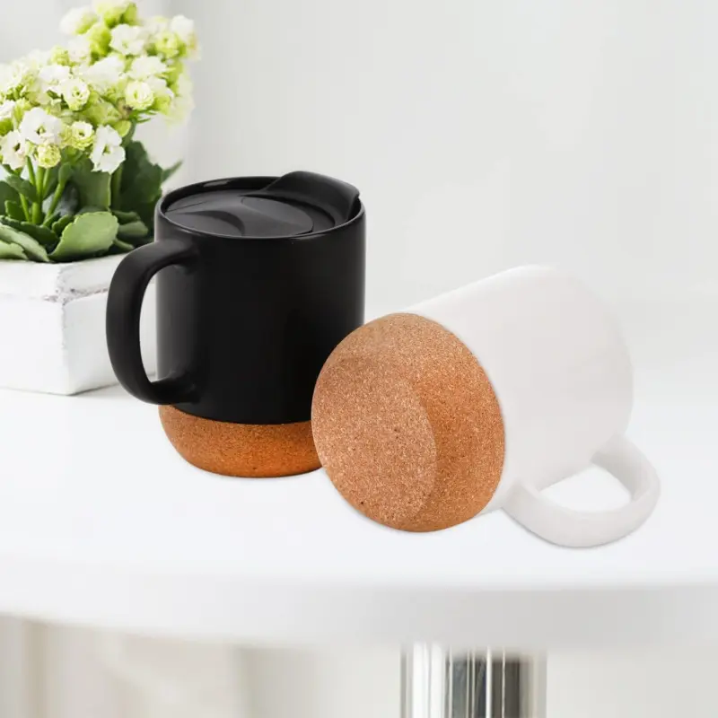 Cork Base Mug – 12oz Ceramic Coffee Mug with Spill-proof Lid and Insulated Cork Bottom