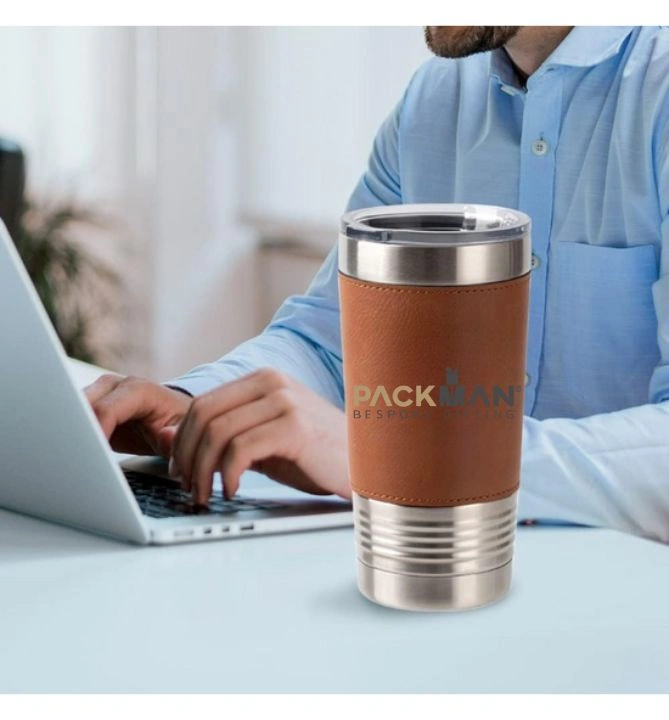 Stainless Steel Tumbler – 20 OZ with Brown PU Leather Sleeve, Vacuum Insulated Travel Cup