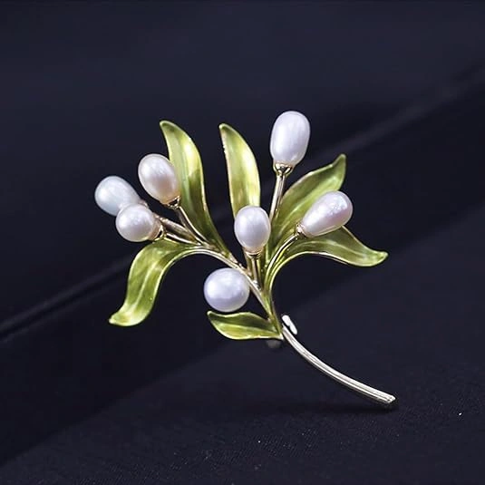 Freshwater Pearl Olive Branch Brooch – Green Leaf Pin for Women