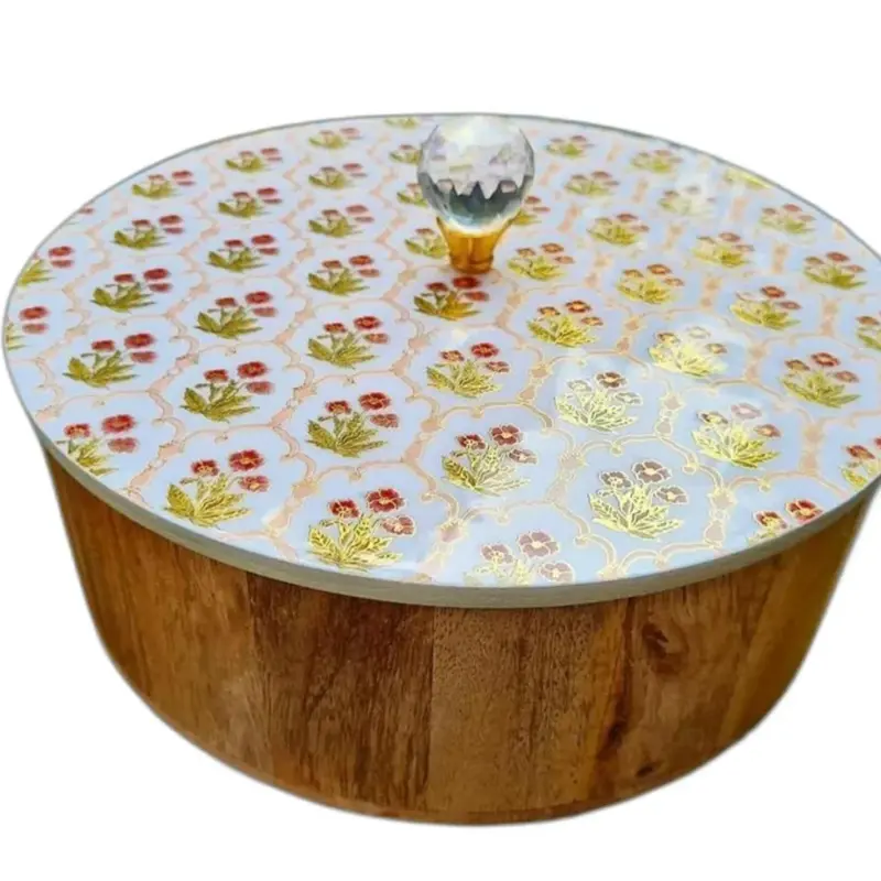 Printed Round Wooden Lid Bowl – Multicolor, 5 Inch (Gift Purpose)