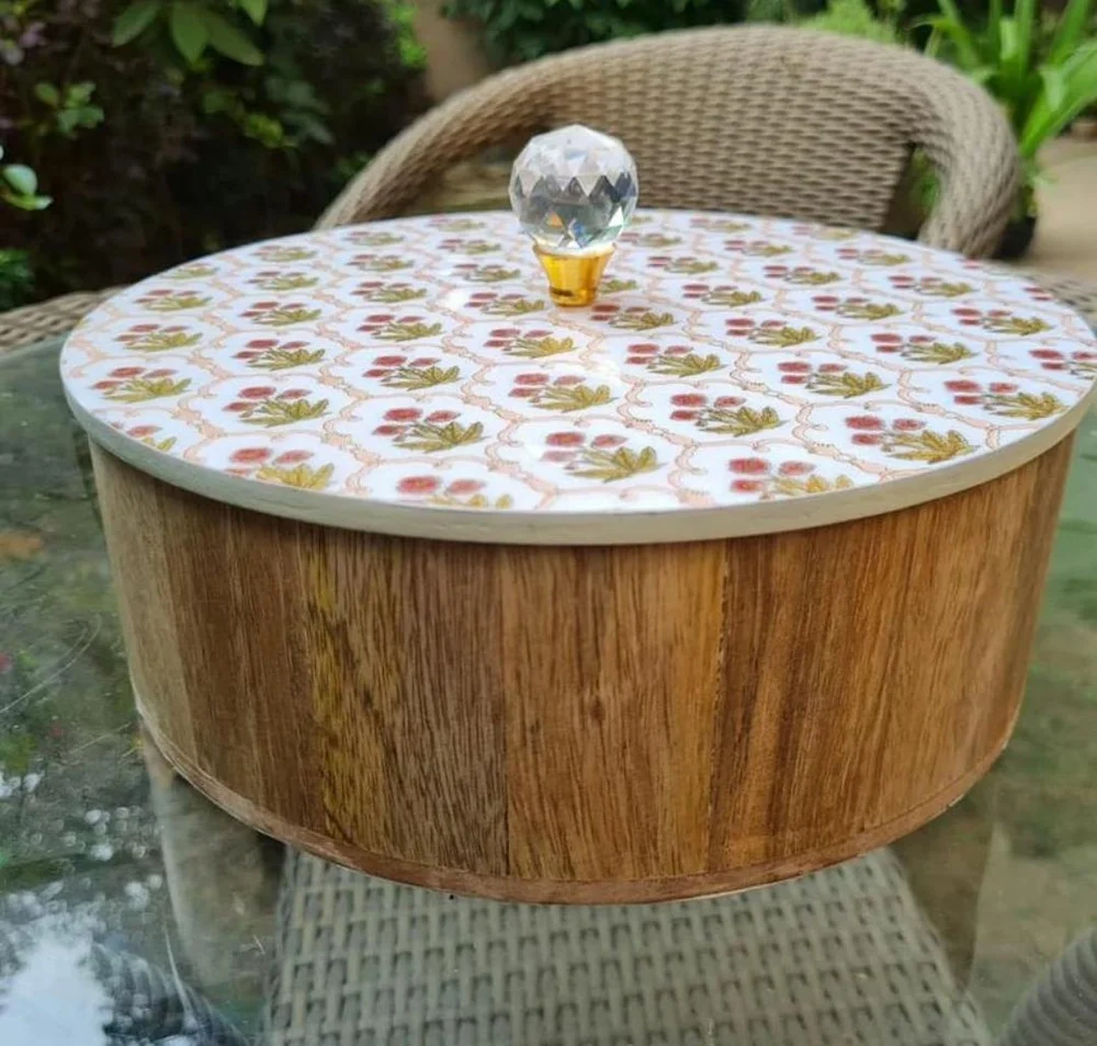 Printed Round Wooden Lid Bowl – Multicolor, 5 Inch (Gift Purpose)
