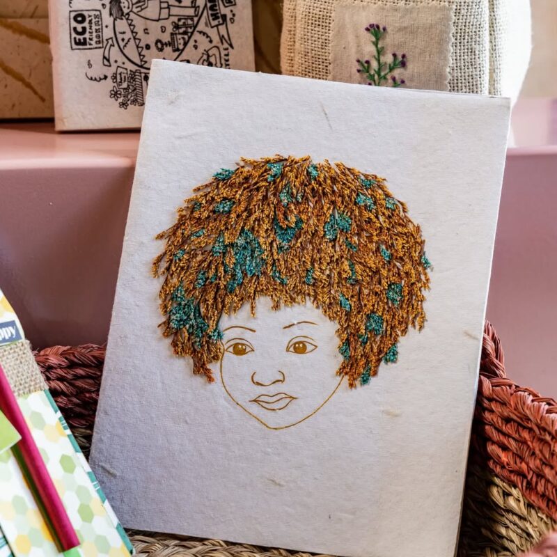 Artisanal Portrait Greeting Card – Textured Embroidery on Handmade Paper