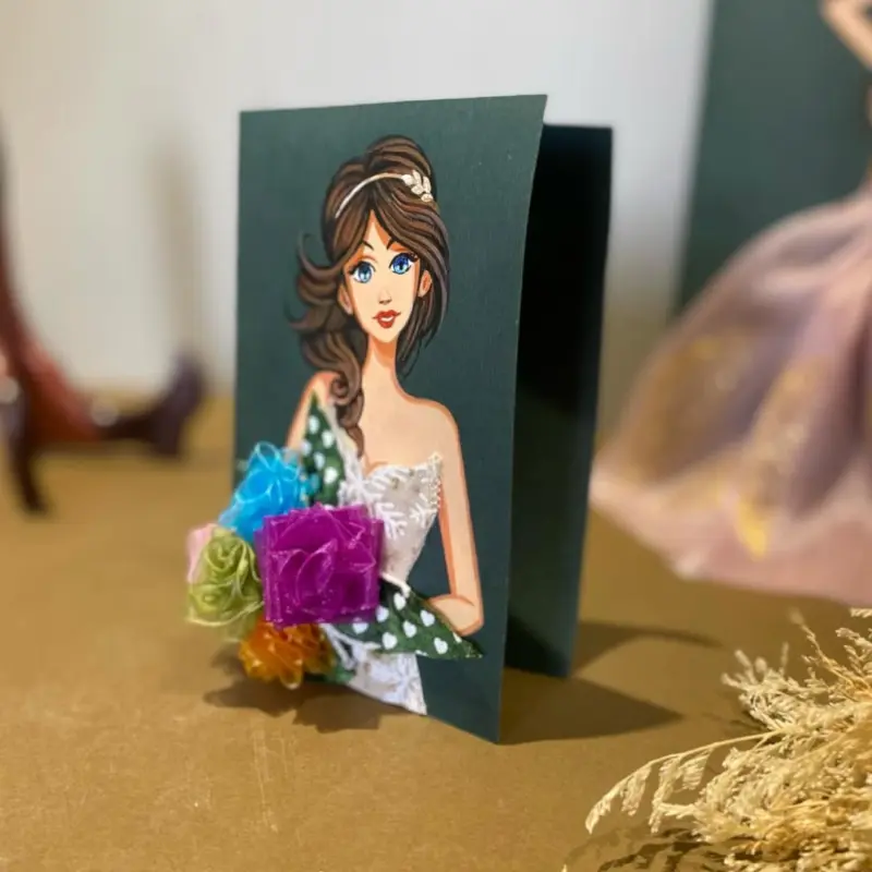 Glam Girl Handmade Greeting Card – Fabric Flowers & Lace Dress