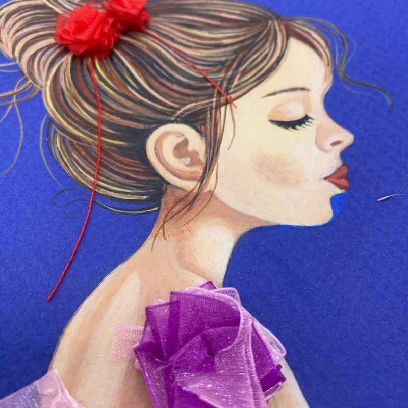 Romantic Fashion Card – Handcrafted with Textured Flowers & Ribbon