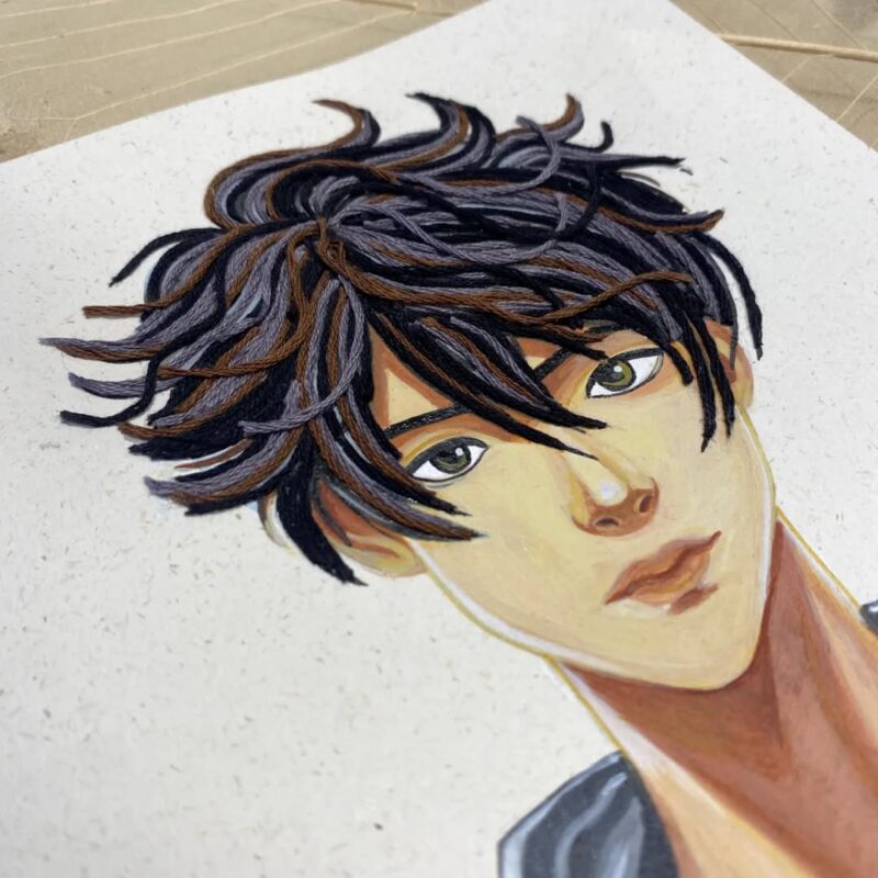 Mixed Media Face Art – Handcrafted Male Portrait with Yarn Detailing