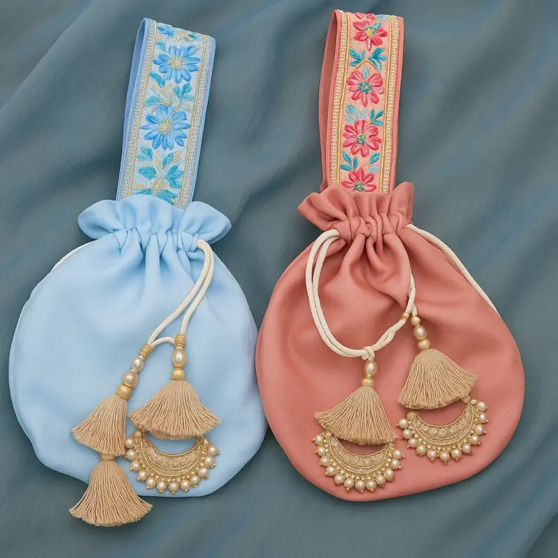 Pure Silk Brocade Potli Bag – Crystal Embellished with Dori Closure