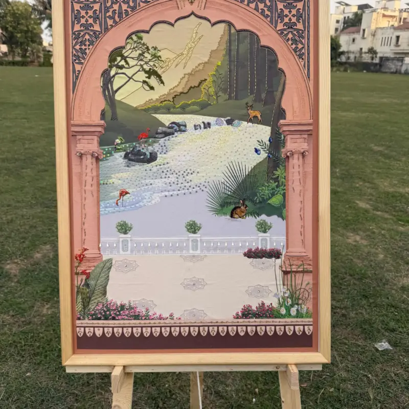 Regal Arch Aari Work Painting – Tranquil Forest Scene in Thread & Texture