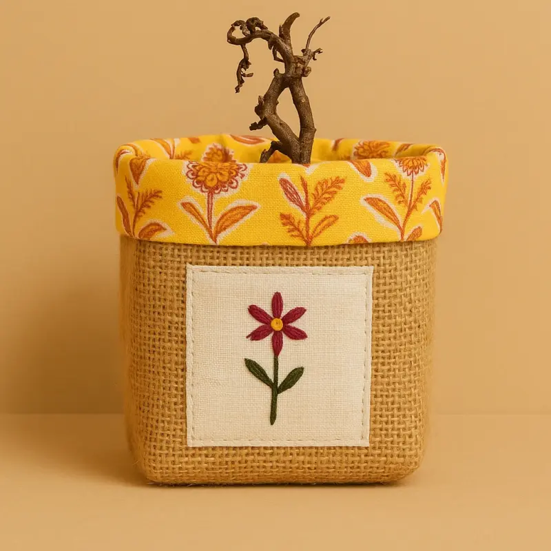 Handcrafted Jute Planter – Yellow Print Lining & Embroidered Bloom