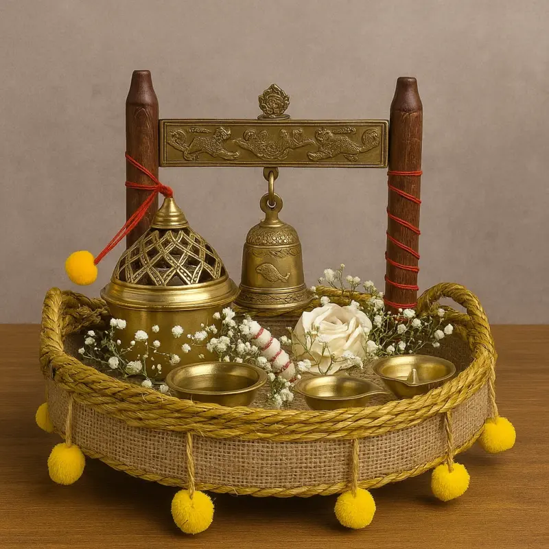 Divine Brass Pooja Hamper – Diwali Gift Set with Bell, Dhup, and Diyas