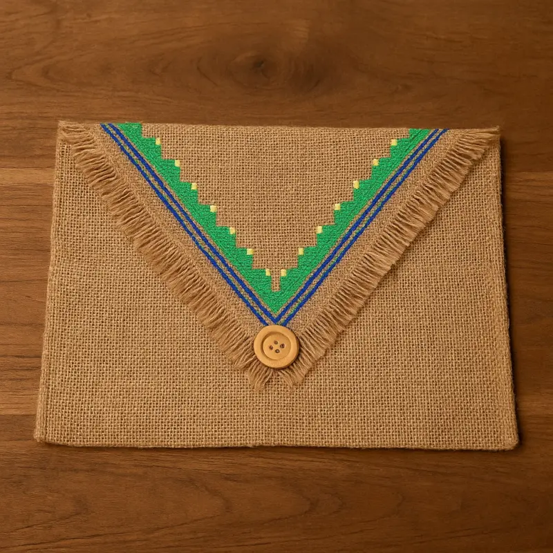 Handcrafted Jute Envelope with Tribal Embroidery – Eco-Friendly Gift Envelope