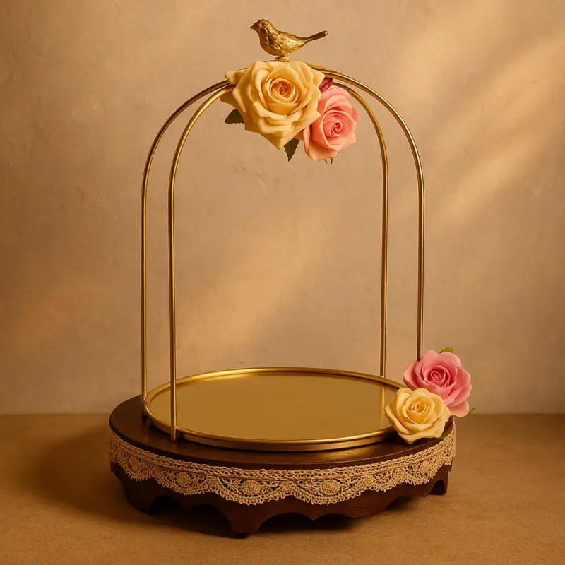 Golden Bloom Ring Ceremony Tray – Floral Birdcage Design for Engagement Presentation
