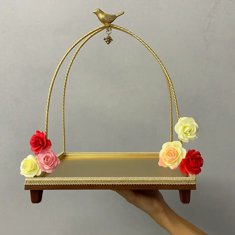 Vintage Rose Ring Ceremony Tray – Golden Arch with Floral Elegance