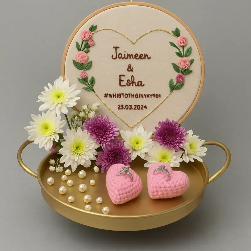 Embroidered Floral Ring Ceremony Platter – Personalized Hoop with Crochet Heart Holders