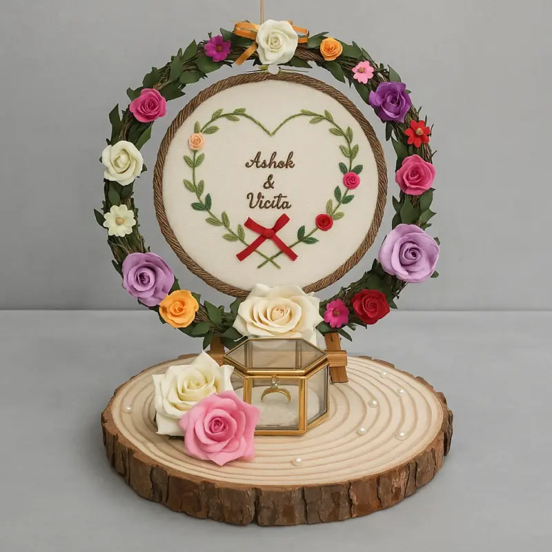 Rustic Floral Hoop Ring Ceremony Platter – Pastel Engagement Display with Glass Ring Box