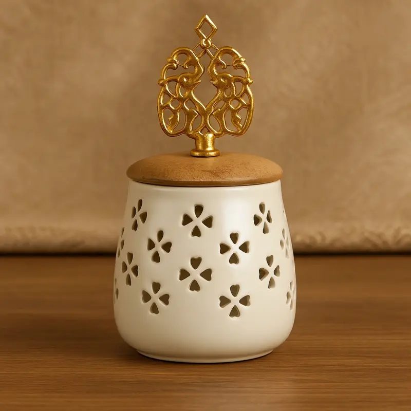 Wooden LED Candle Votive – White Cylindrical Indian Iron Lantern