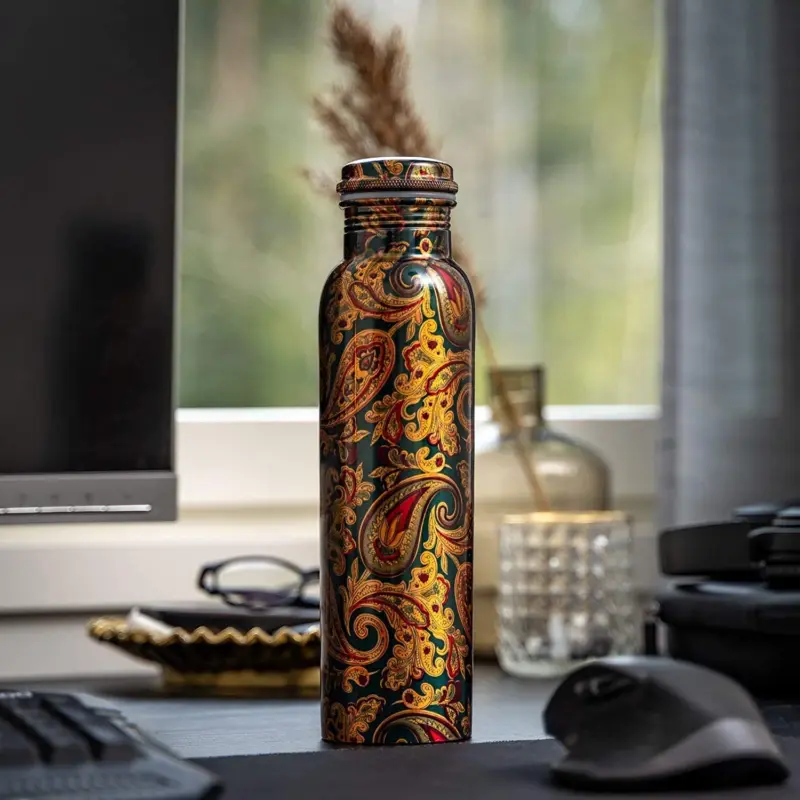 Printed Pure Copper Water Bottle (1000 ml) with 2 Matching Printed Glasses – Leak-Proof Wellness Set