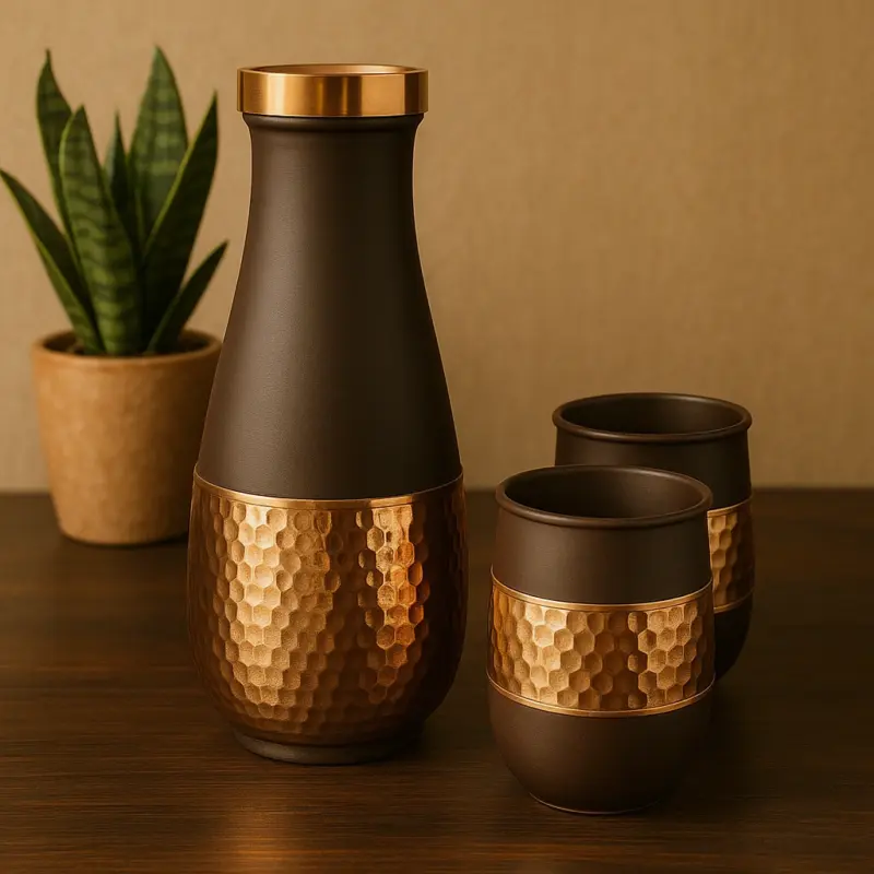 1000 ml Copper Sugar Pot Set – Hammered Cylindrical Pot with 2 Glasses (Polished Finish)