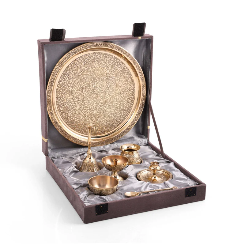 Polished Pooja Thali Set (Pack of 7) with Velvet Box