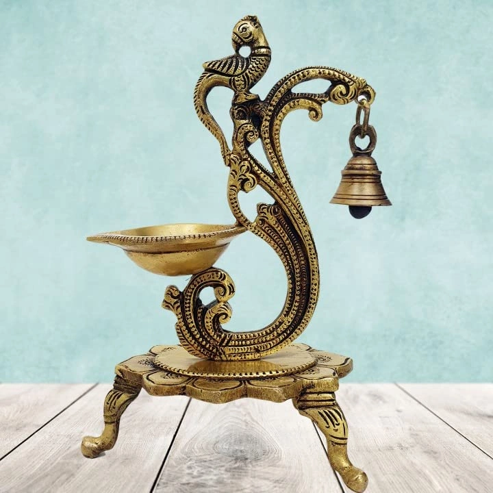 Mohan Jodero Brass Peacock Deepak/Diya with a Bell – Antique Finished