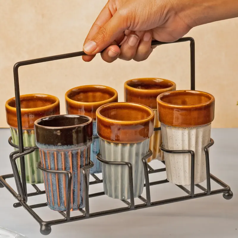 Ceramic Cutting Chai Glasses Set of 6 Piece with Foldable Iron Stand Holder