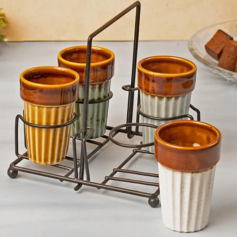 Ceramic Cutting Chai Glasses Set of 4 Piece with Foldable Iron Stand Holder