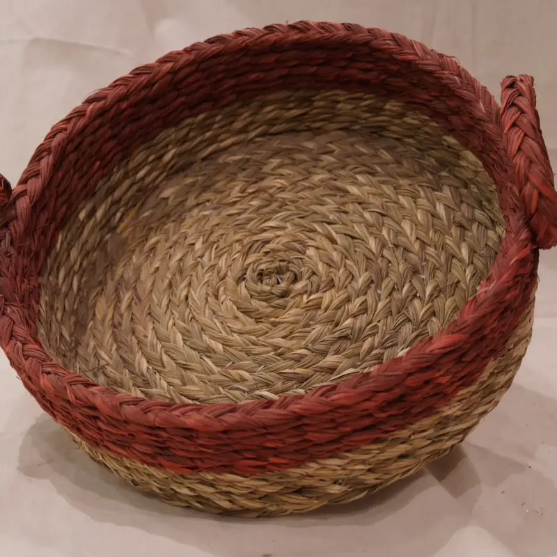 Round Handwoven Water Hyacinth Basket with Terracotta Rim & Handles