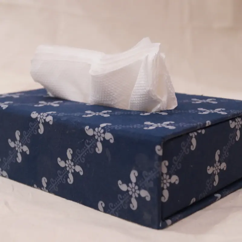 Navy Blue Fabric Tissue Box with White Floral Print
