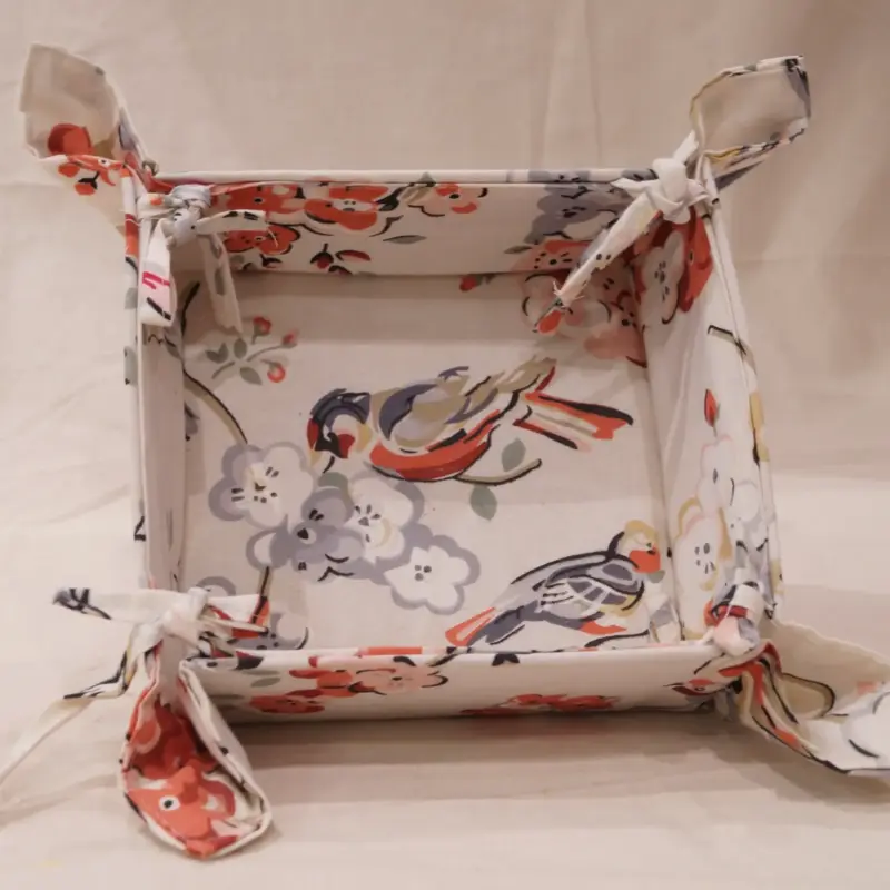 Square Bird Print Fabric Tray with Corner Ties