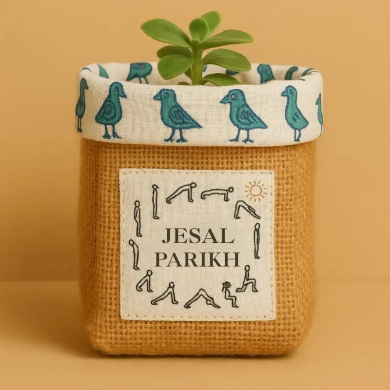 Eco-Friendly Jute Pot – DTF Transfer Patch with Bird-Themed Lining
