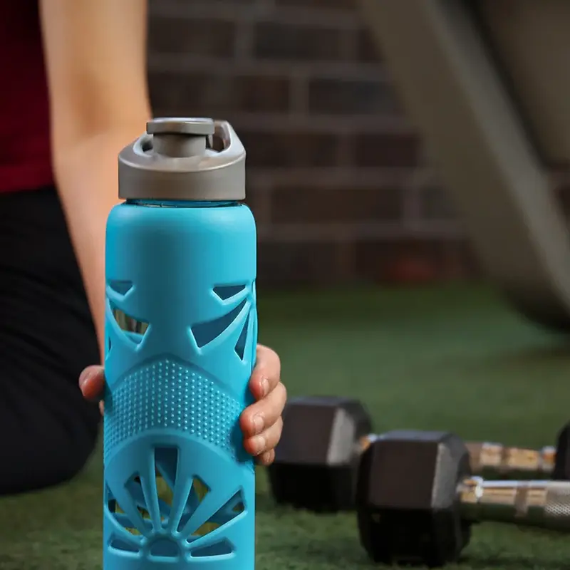 CLEAR GRIP BOTTLE – Tranquil Teal (750ml) | Borosilicate Glass with Silicone Sleeve