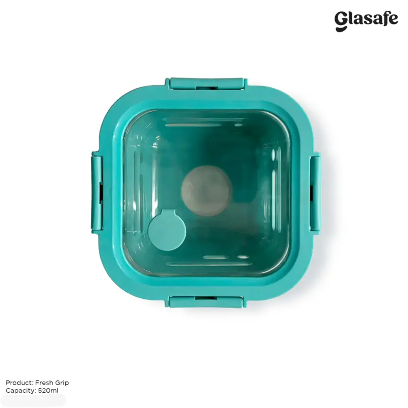 FRESH GRIP Tiffin – Mellow Mist (520ml) | Borosilicate Glass Lunchbox with Silicone Sleeve