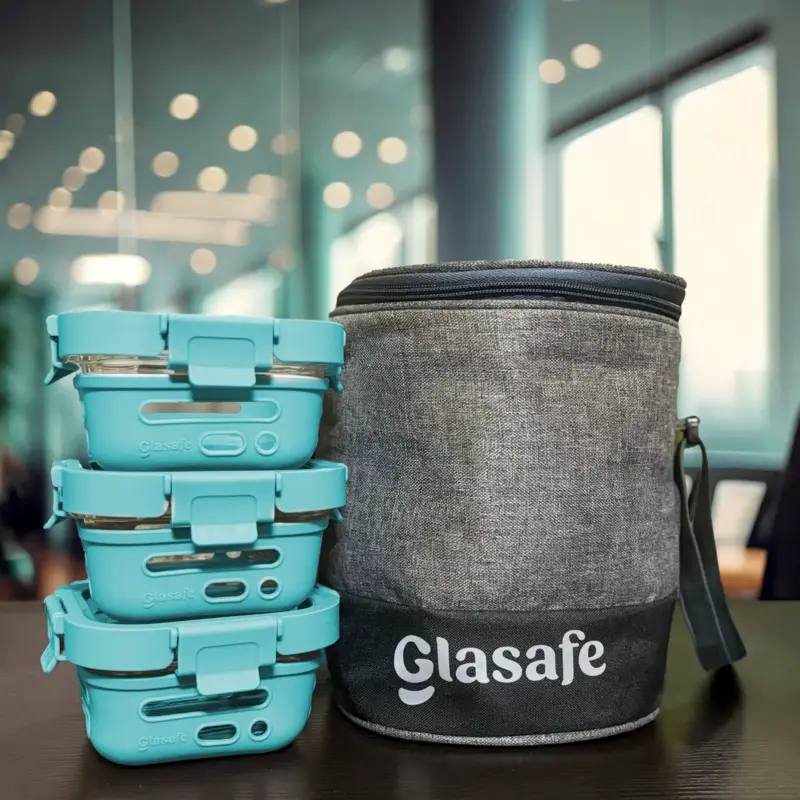 Glasafe Meal Mate Pro Combo – 3 Glass Tiffins + 1 Lunch Bag (5L) | Mellow Mist