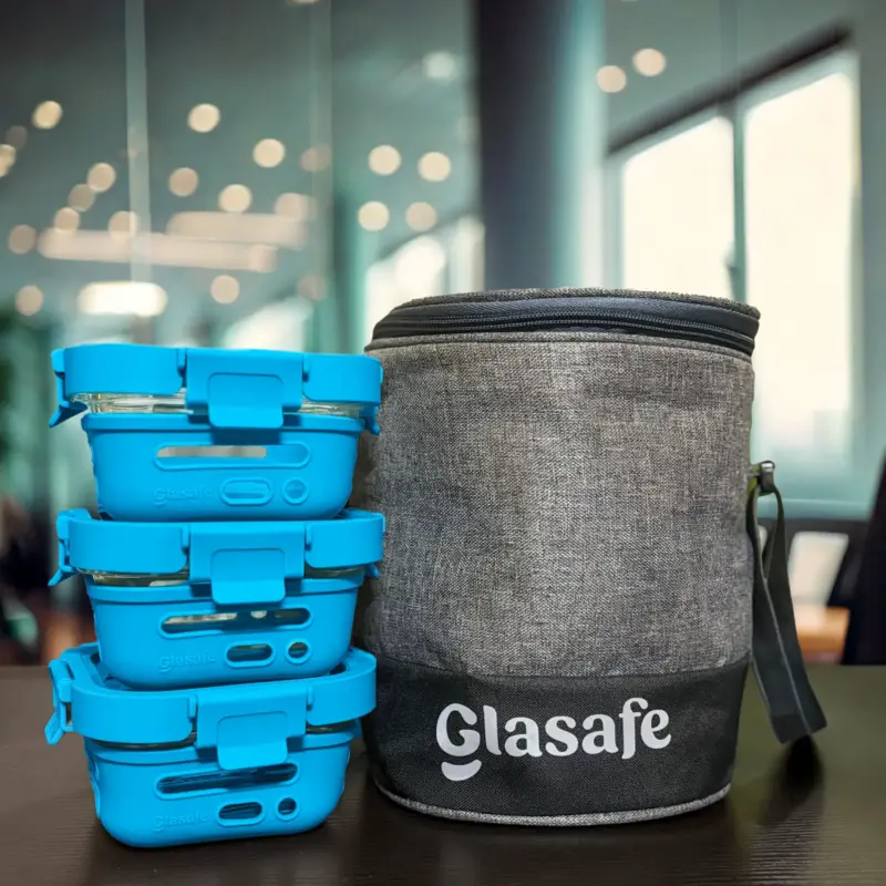 Glasafe Meal Mate Pro Combo – 3 Glass Tiffins + 1 Lunch Bag (5L) | Tranquil Teal