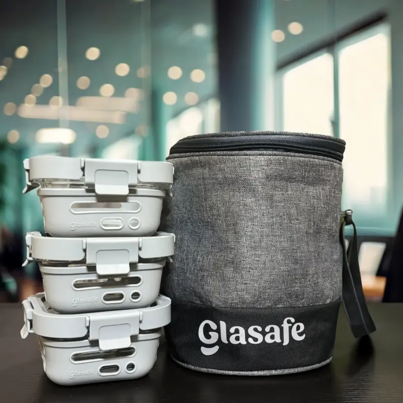 Glasafe Meal Mate Pro Combo – 3 Glass Tiffins + 1 Lunch Bag (5L) | Soothing Slate